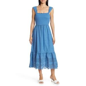 Betsey Johnson Smocked Embroidered Eyelet Midi Dress - Blue/Federal Blue - M